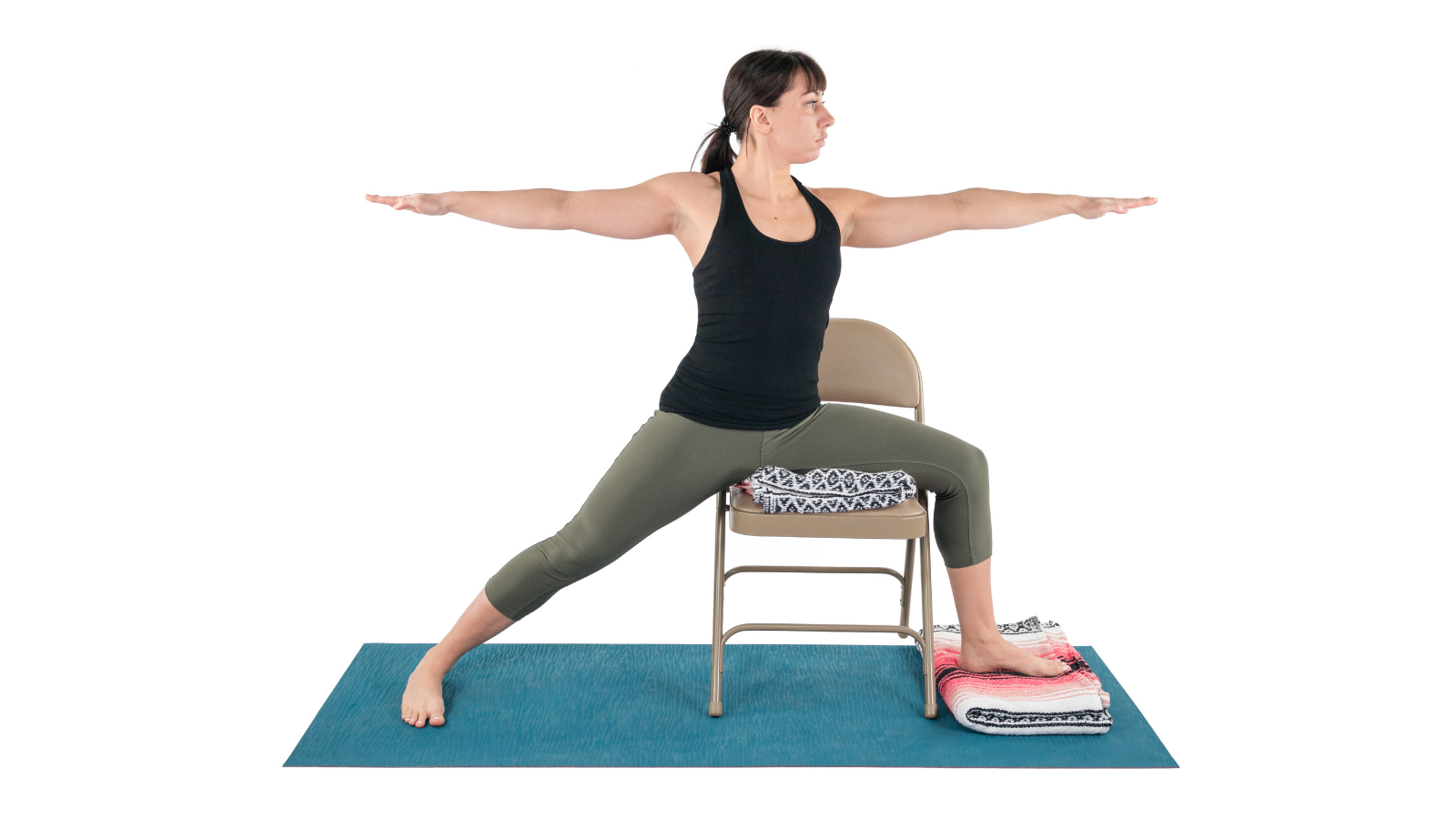 Practicing Warrior 2 Pose with props for comfort and ease and healthy hip joints