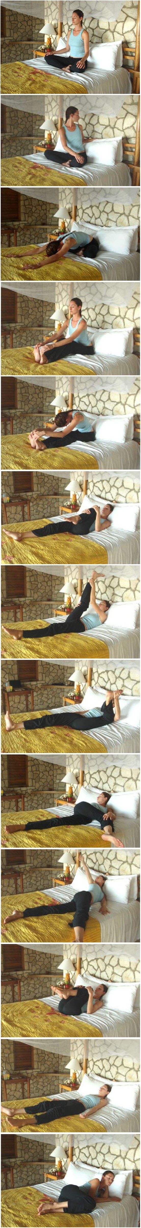 Bed time (or anytime) yoga stretches. Releases tension in lower back, elongating...