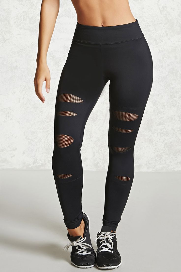 A pair of stretch-knit athletic leggings featuring raw ladder cutouts with open-...