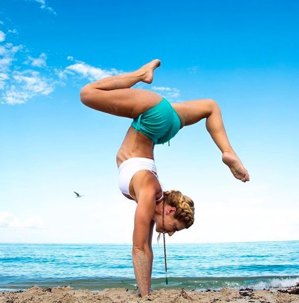 @BeachYogaGirl in the Goddess Bra in White, Sweat It Trunk in Pool Blue Glossy w...