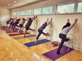 Melissa Lorraine Hagen on Instagram: ““Forward bends” means leg stretching! Here we’re using a #yogachair in #parsvottanasana . . #iyengaryoga #yogaprops #propyourpose #yoga…”