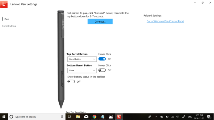 How do I check the battery on my Lenovo Yoga pen?